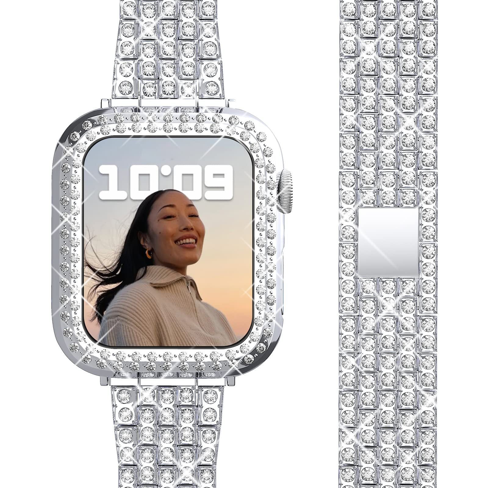 Metal Diamond-encrusted Watchband With Five Beads