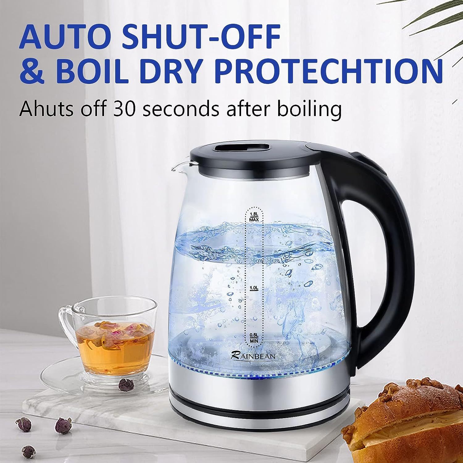 Electric Kettle Water Boiler, 1.8L Electric Tea Kettle, Wide Opening Hot Water Boiler With LED Light, Auto Shut-Off & Boil Dry Protection, Glass Black