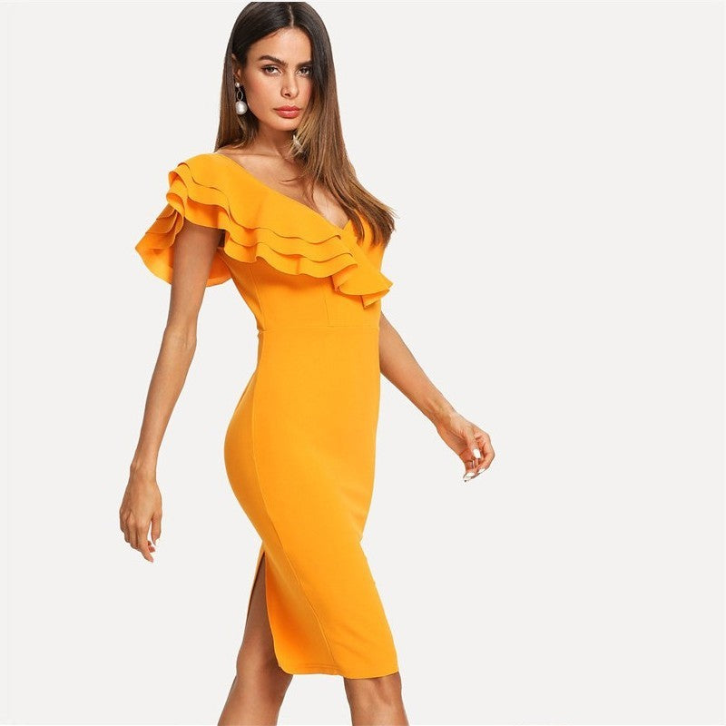 Sleeveless Ruffle Layered Flounce Trim Split Back V Neck Party Bodycon Dress Women Summer Knee Length Slim Pencil Dress