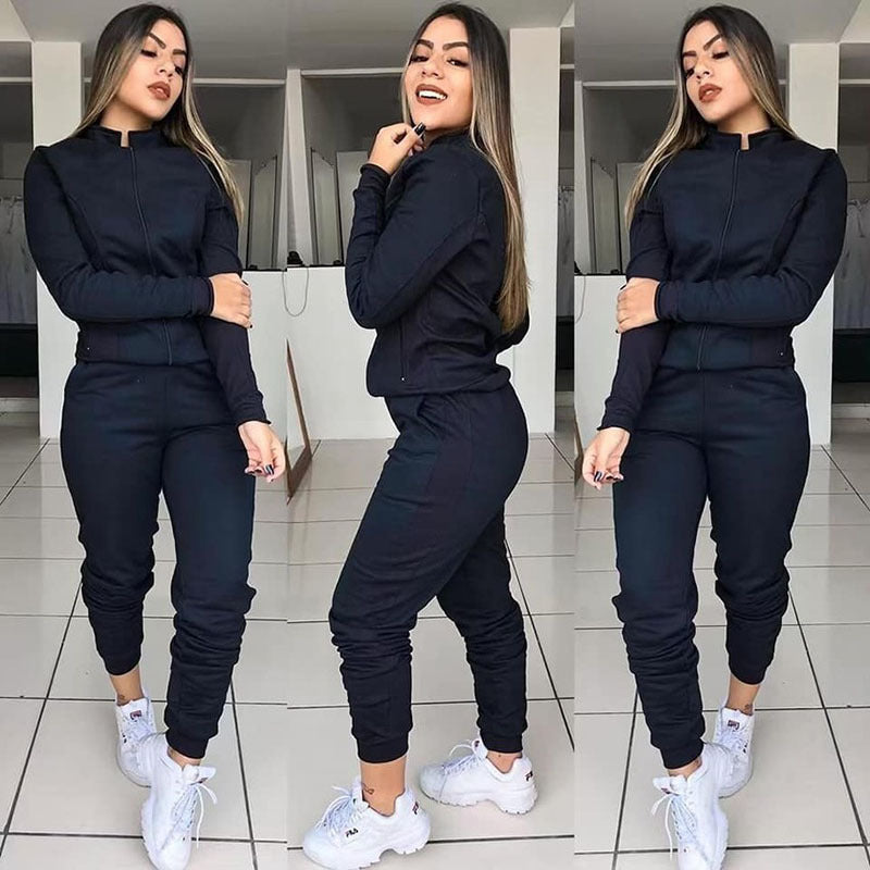 Womens Solid Color Long Sleeve Pants Suit Motion Twinset Two Pieces Fitness Clothing Casual Suit Two-piece Sets