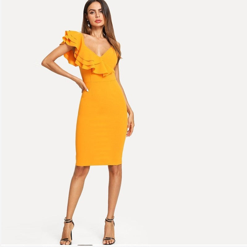 Sleeveless Ruffle Layered Flounce Trim Split Back V Neck Party Bodycon Dress Women Summer Knee Length Slim Pencil Dress