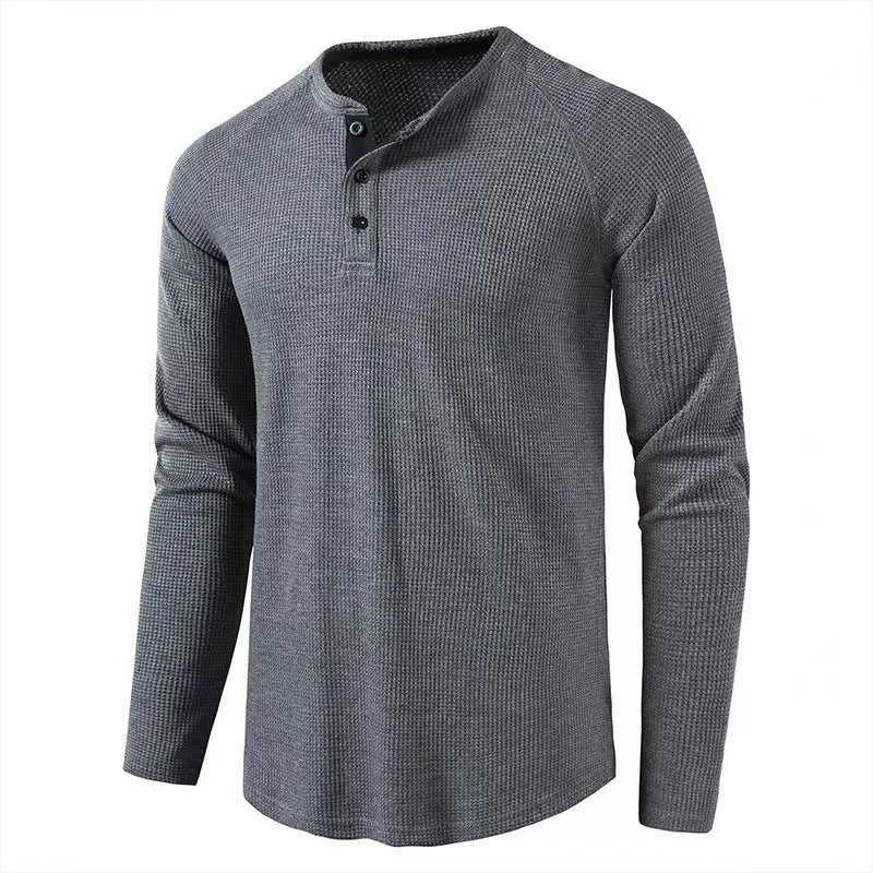 Classic Waffle Henley Tshirt Men 2022 New Crew Neck Long Sleeve Slim Fit Tee Shirt