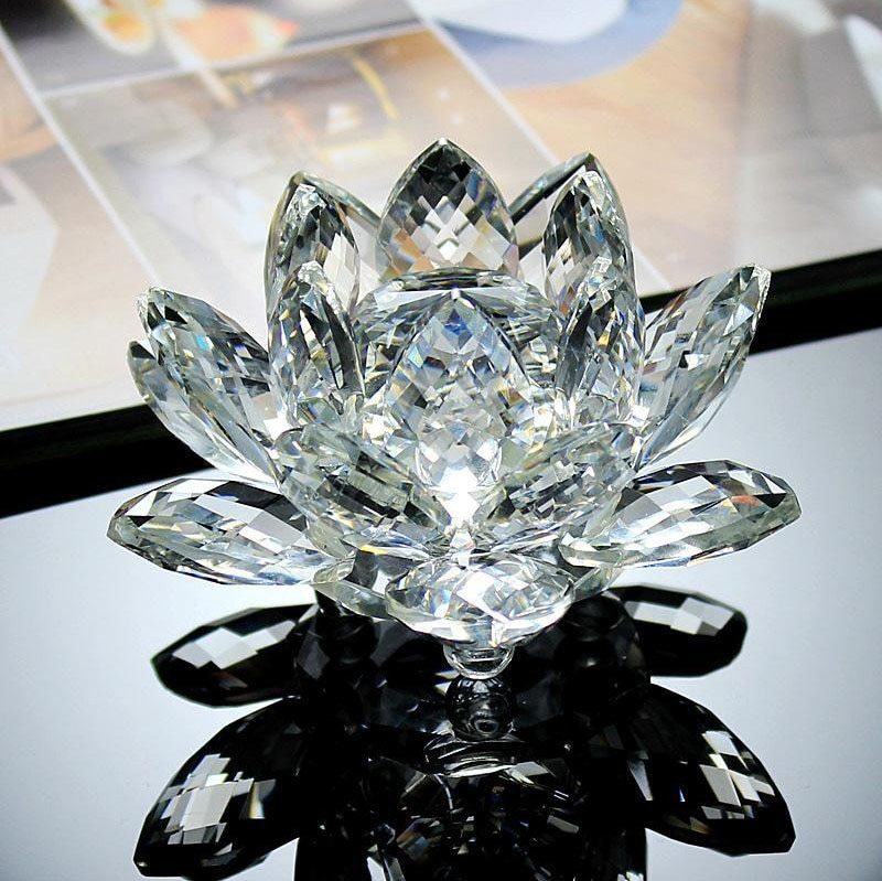 80mm Quartz Crystal Lotus Flower Crafts Glass Paperweight Fengshui Ornaments Figurines