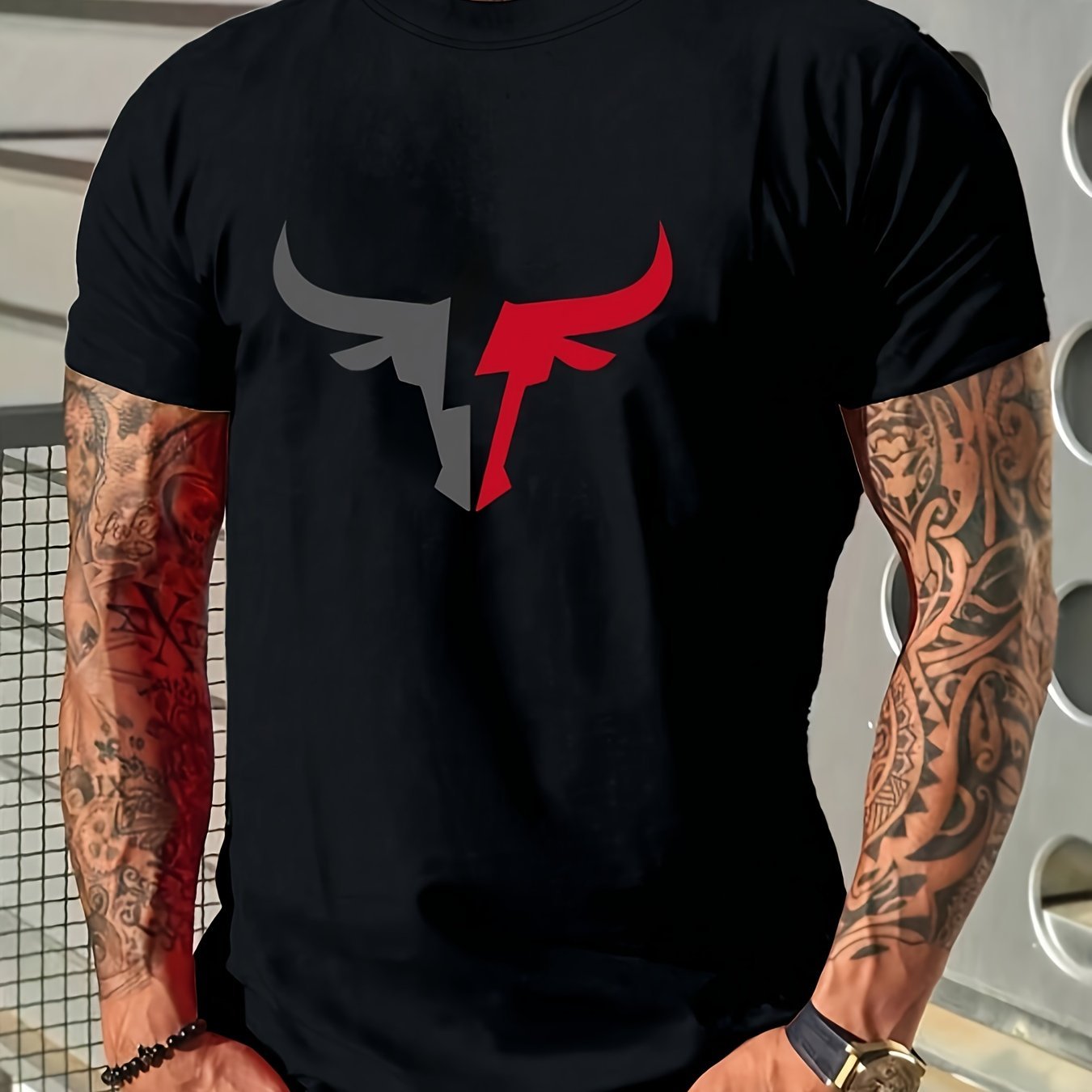 Men's Bull Pattern Printed T-shirt, Casual Short Sleeve Round Neck T-shirt