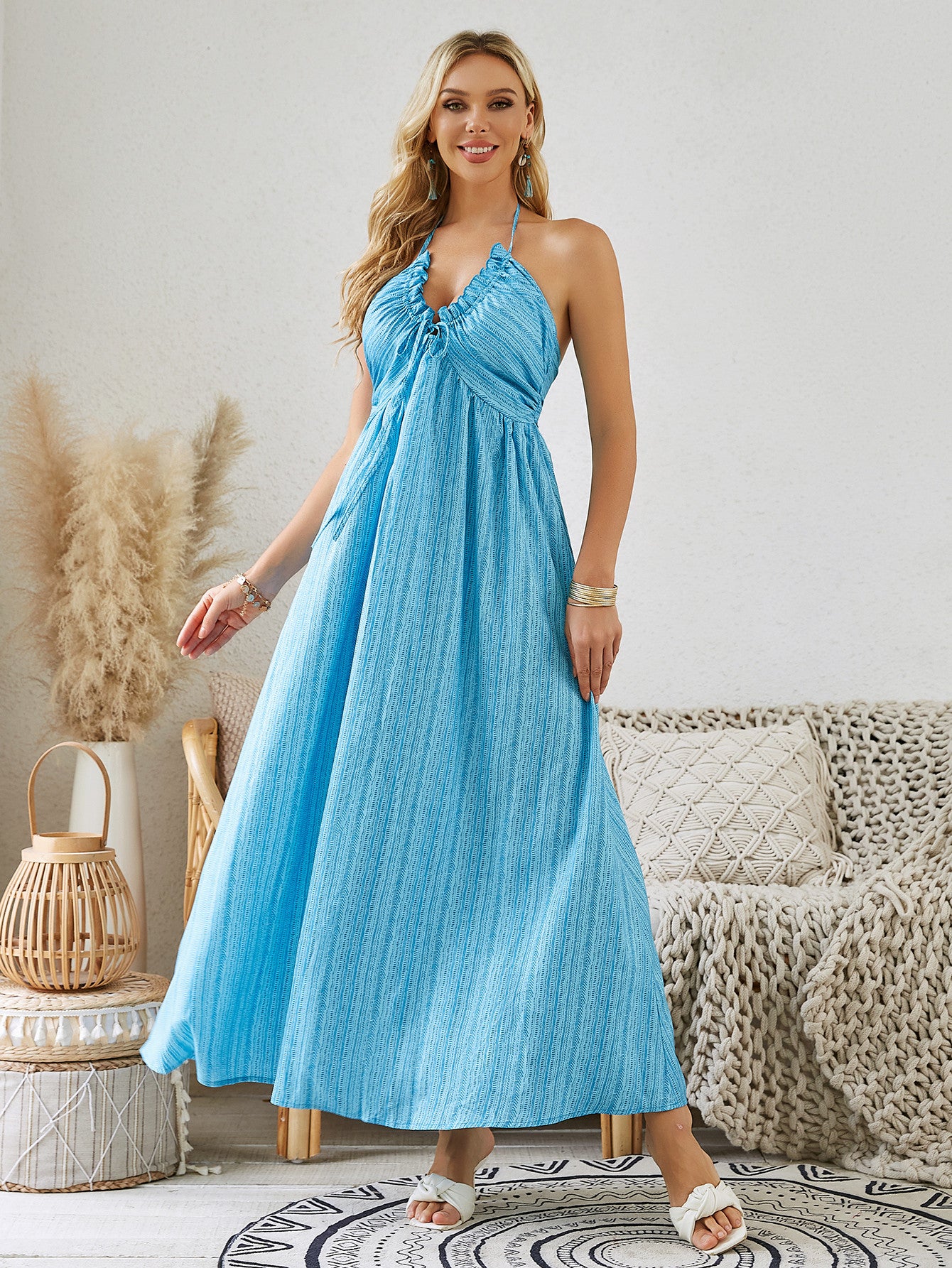 Bohemian Halter Maxi Dress - Women's Summer Sleeveless Flowy Beach Dress