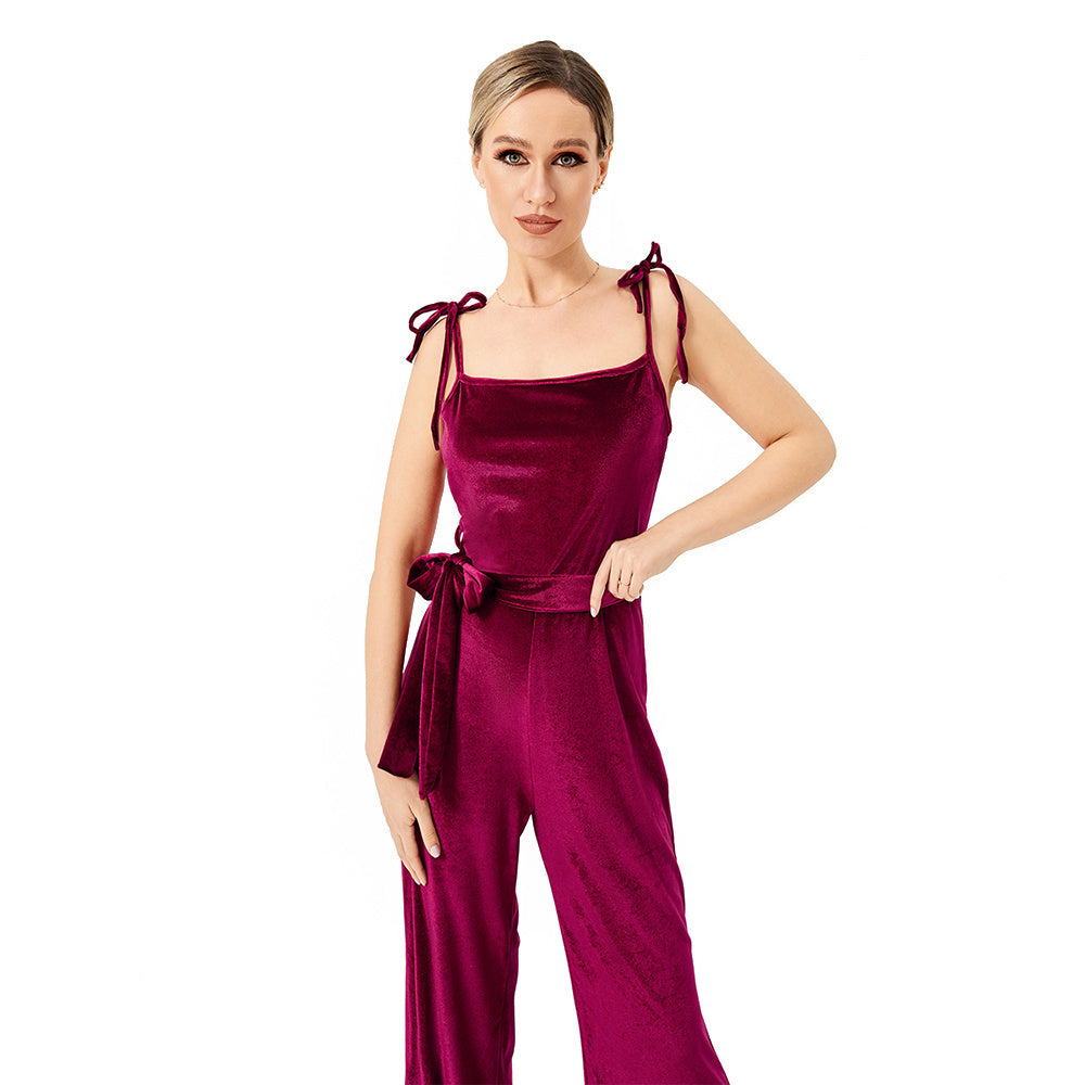 Women's New Halter Tie Velvet Jumpsuit