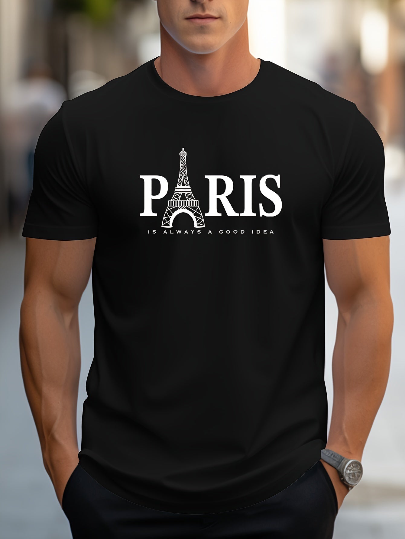 Paris Letter Print Men's Round Neck Short Sleeved Comfortable T-shirt Loose Casual Top, Suitable For Men's Clothing As A Gift During Spring And Summer Holidays