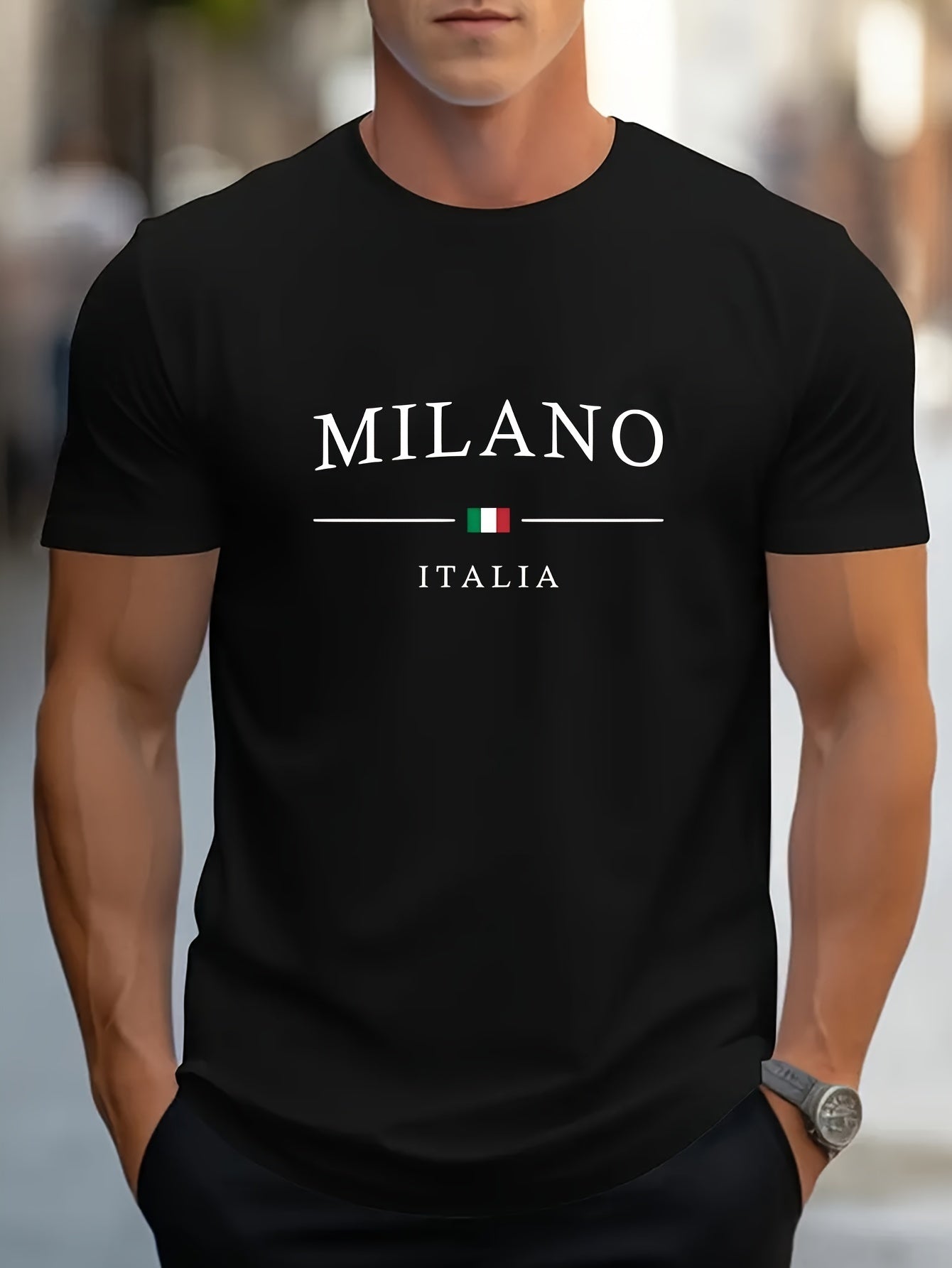 Milano Patterned Printed Men's T-shirt, Comfortable And Elastic Round Neck T-shirt, Perfect For Summer Outdoor Activities, Fashionable Streetwear, Men's Casual Tops