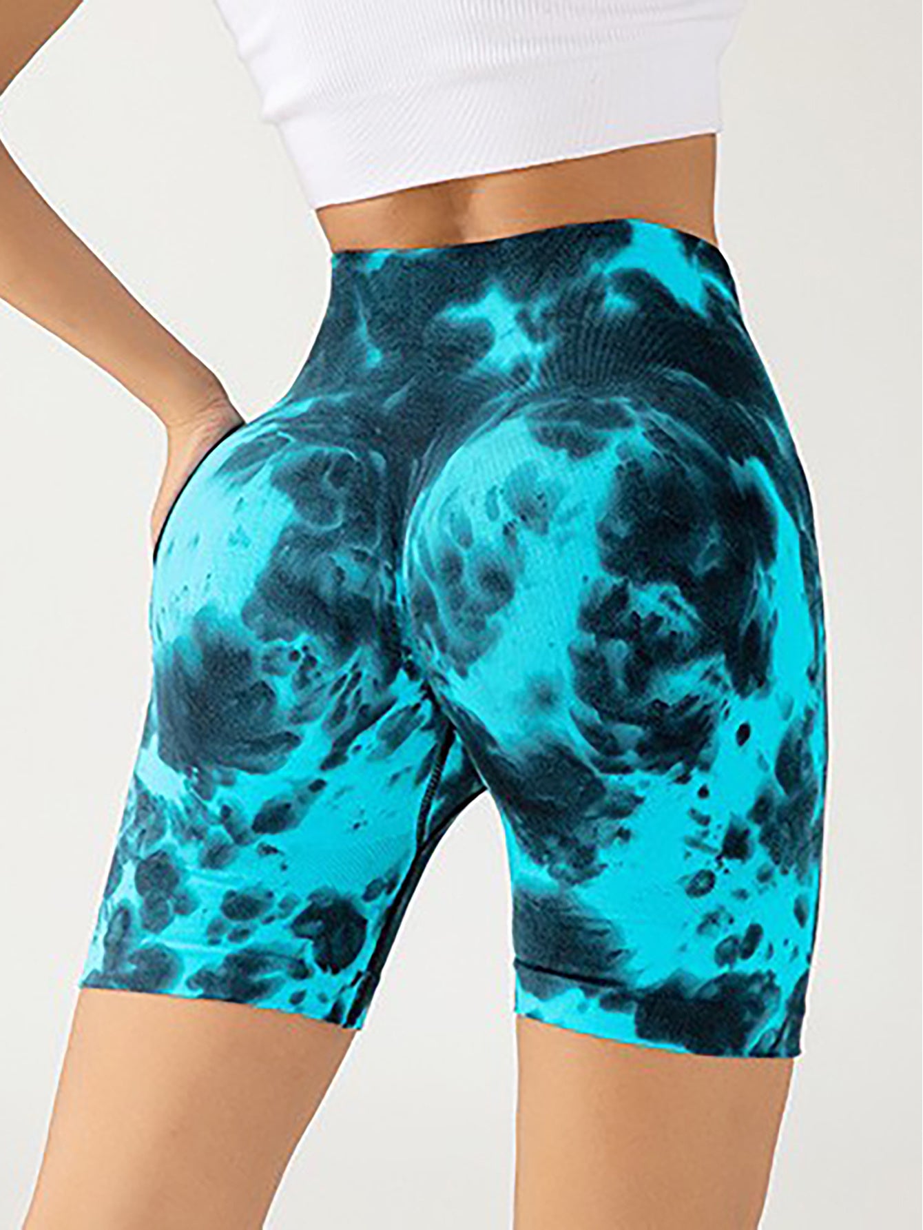 High Waist Tummy Control Yoga Shorts For Women, Tie-Dye Ruched Booty Lifting Workout Fitness Shorts, Hip Lifting Sports Activewear, Gym Exercise Running Shorts