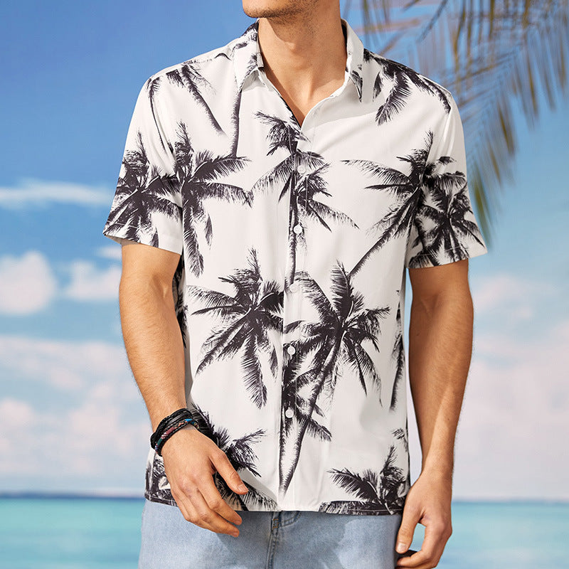 Mens Hawaiian Beach Print Casual White Short Sleeves