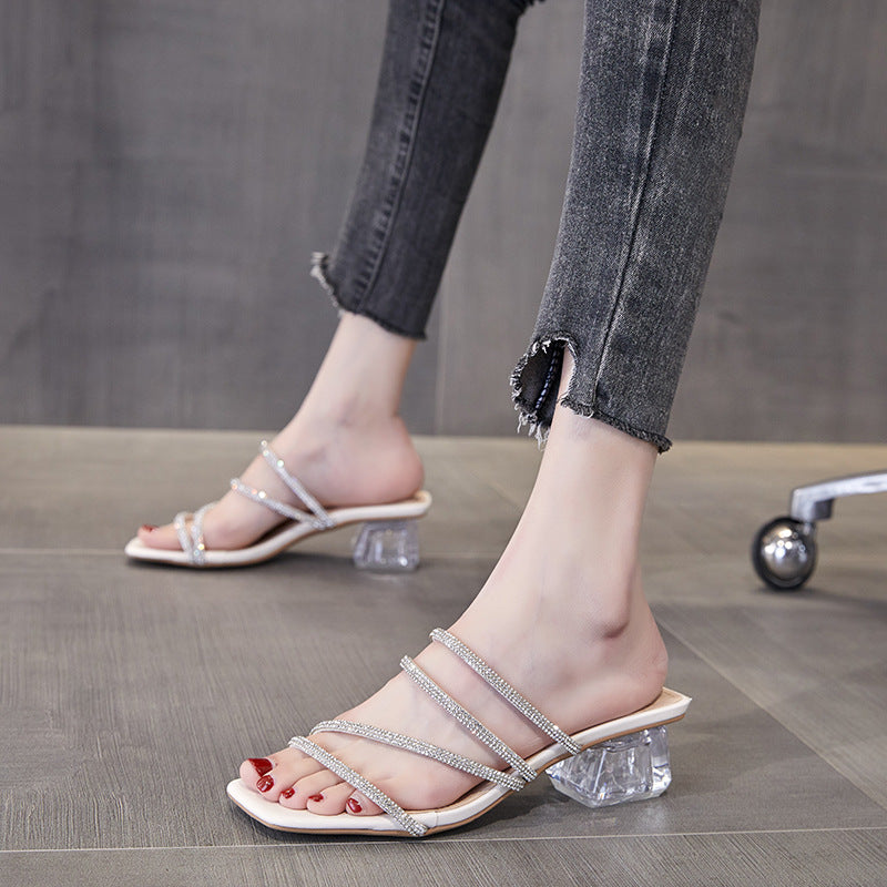 Women's New Rhinestone Chunky Heel Sandals