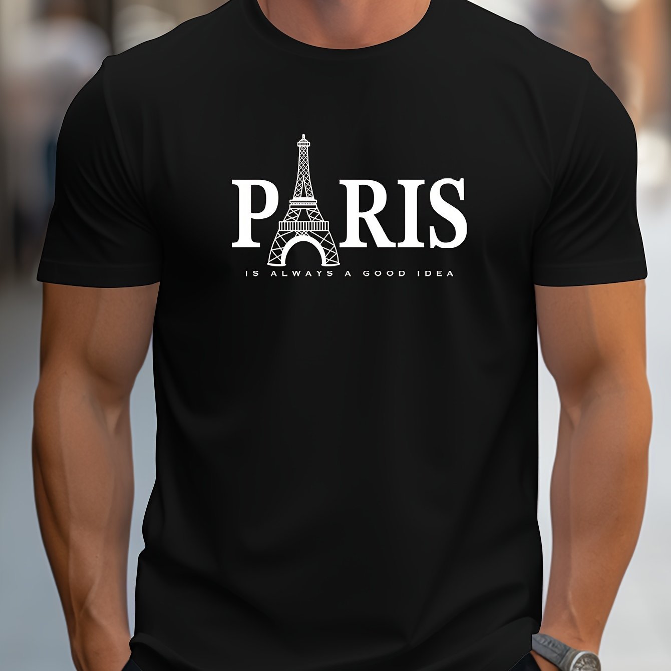 Paris Letter Print Men's Round Neck Short Sleeved Comfortable T-shirt Loose Casual Top, Suitable For Men's Clothing As A Gift During Spring And Summer Holidays