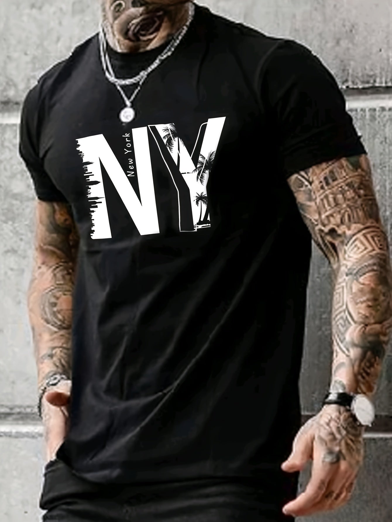 NY Printed Men's Chic Short Sleeved Round Neck T-shirt