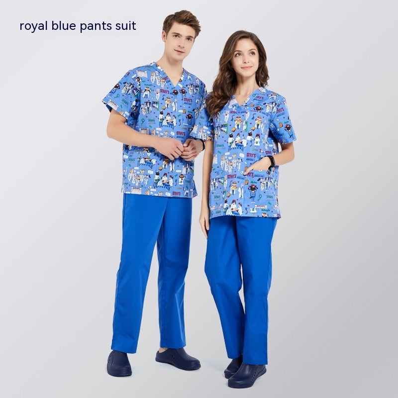 Printed Surgical Gown Polyester Cotton Short Sleeve Doctor Nurses' Uniform Children's Beauty Salon Split Suit