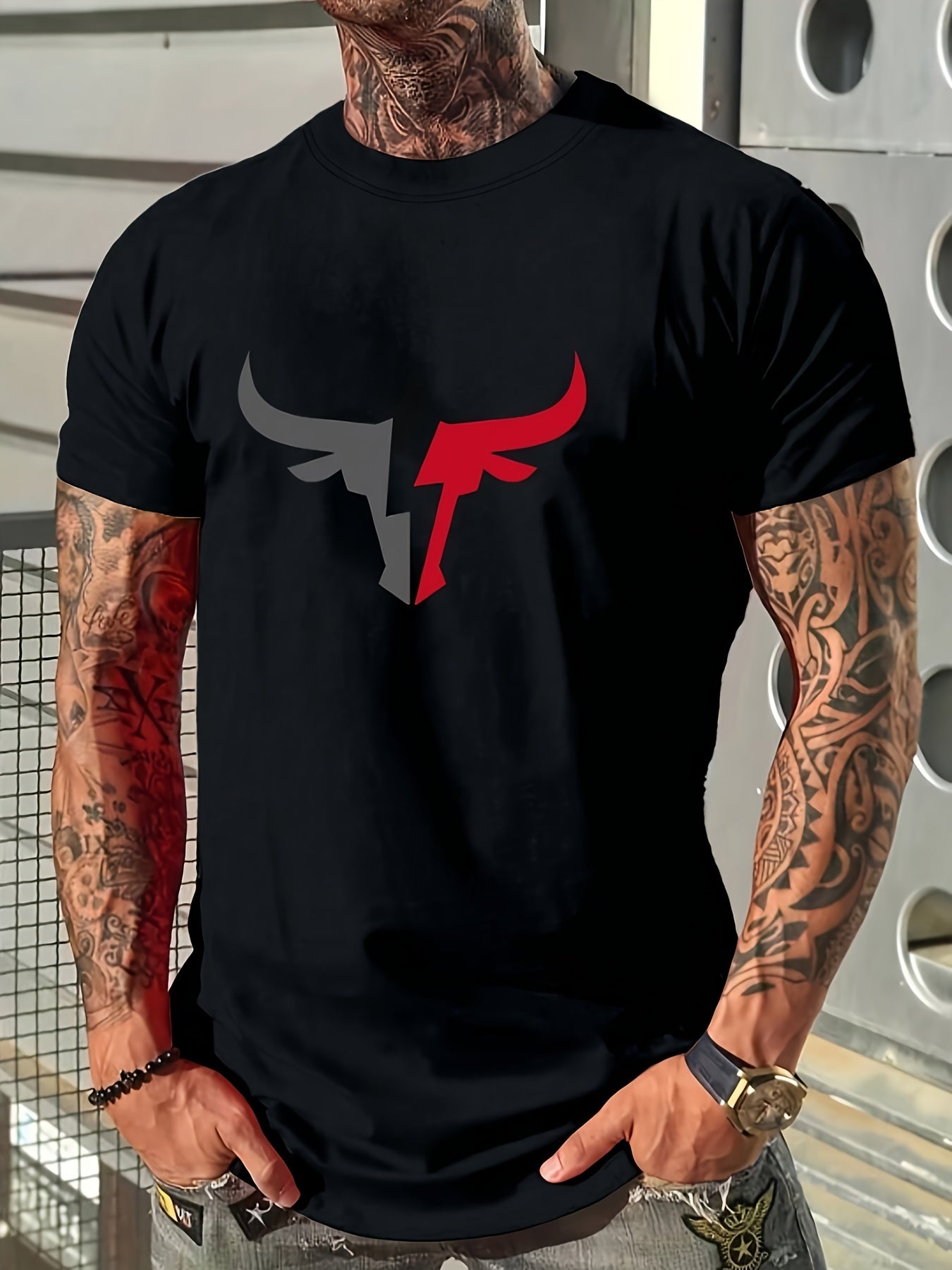 Men's Bull Pattern Printed T-shirt, Casual Short Sleeve Round Neck T-shirt